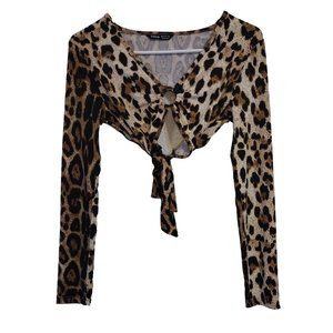 Shein Crop Top XS Leopard Print Long Sleeve Tie Closure